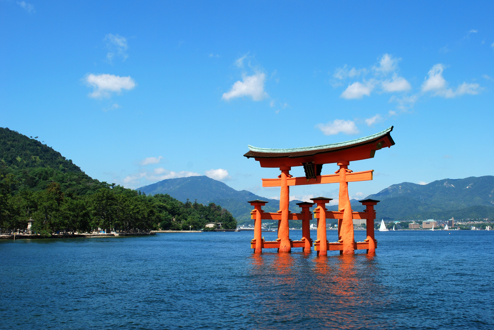 The Great Torii Gate of Itsukushima Shrine floating on the sea